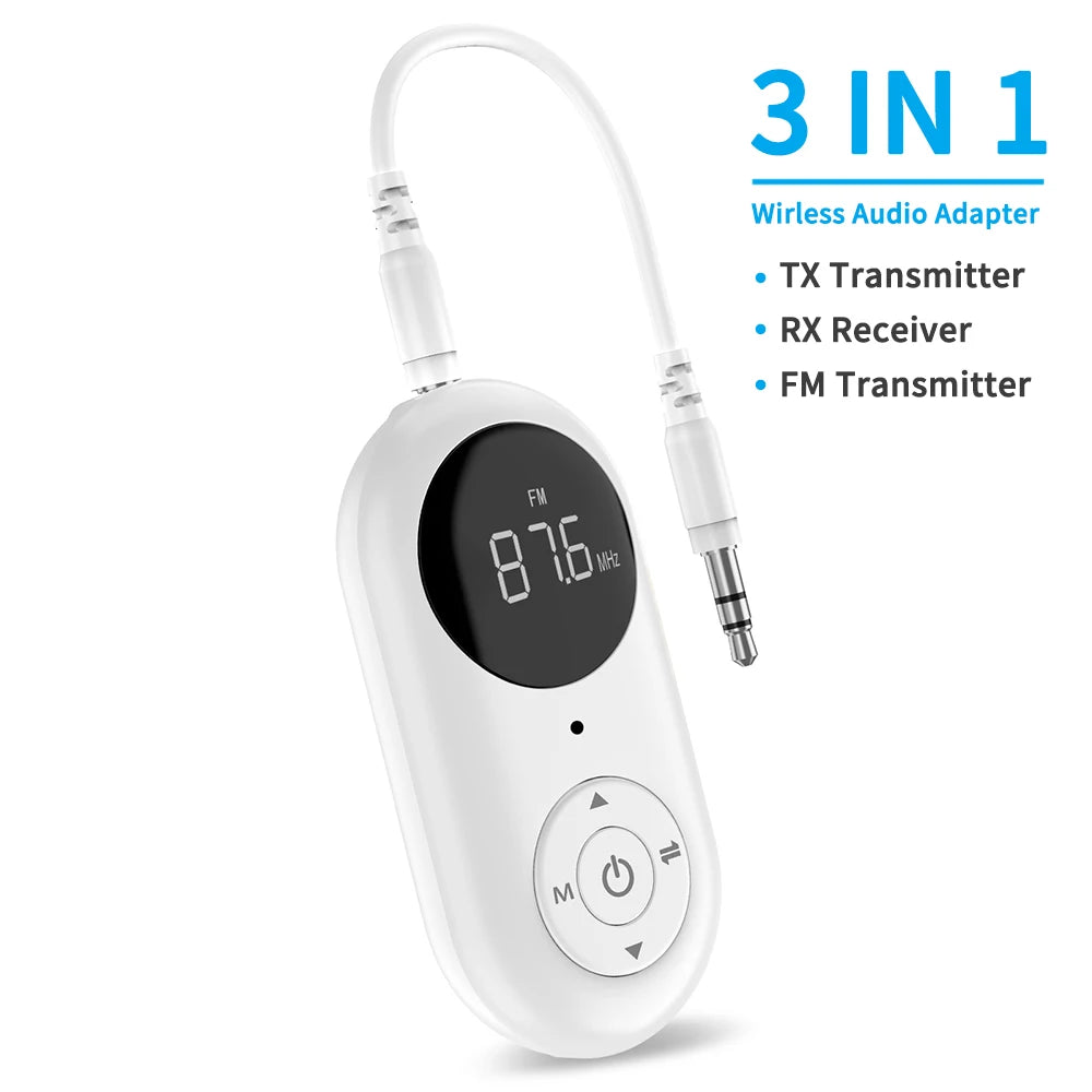 3 in 1 Bluetooth 5.3 Audio Receiver Transmitter 3.5MM AUX FM Transmitter Wireless Audio Adapter With Mic For Car TV PC Speaker Oasis Select White