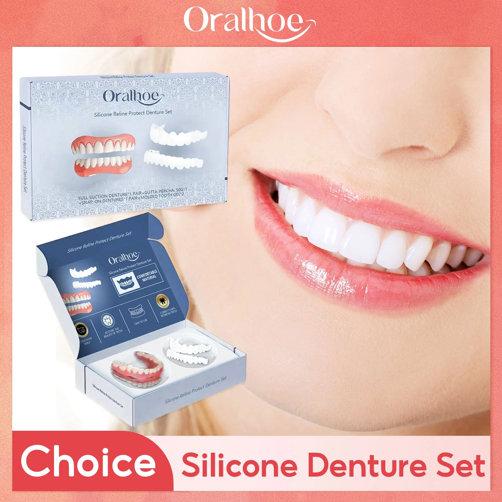 Adjustable False Teeth Kit Temporary Whiten Denture Upper Lower Veneers Comfortable Braces Natural Portable Silicone Fake Teeth Oasis Select