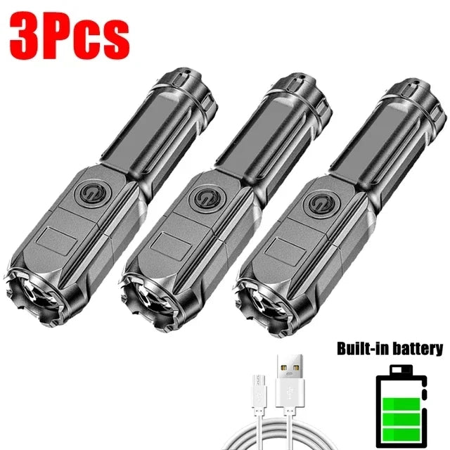 High Power Led Flashlight Super Bright Rechargeable Zoom Torch with COB Side Lights Outdoor Camping Night Fishing Lantern Oasis Select Package B 3pcs