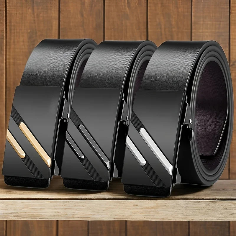 Men's belt made of synthetic leather with an automatic alloy buckle, durable and suitable for casual and semi-formal occasions. Oasis Select