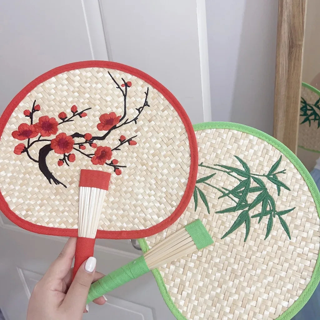 Handmade Embroidered Handheld Palm Fan Chinese Style Portable Wheat Straw Fan for Summer Cooling Fans Home Decor Ornaments Oasis Select