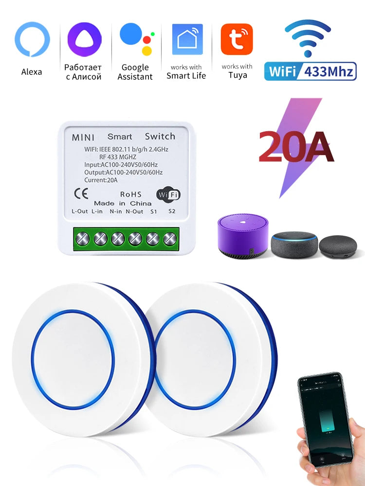 Tuya WiFi Smart Switch 20A RF433MHz – Alexa & App Control WiFi Smart Switch Oasis Select 1Receiver2Switch 20A