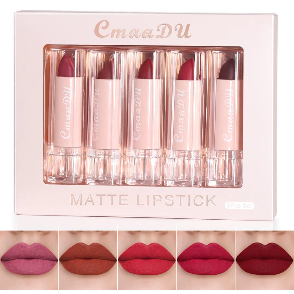 CmaaDu 5-Piece Velvet Matte Lipstick Set – Waterproof & Long-Lasting