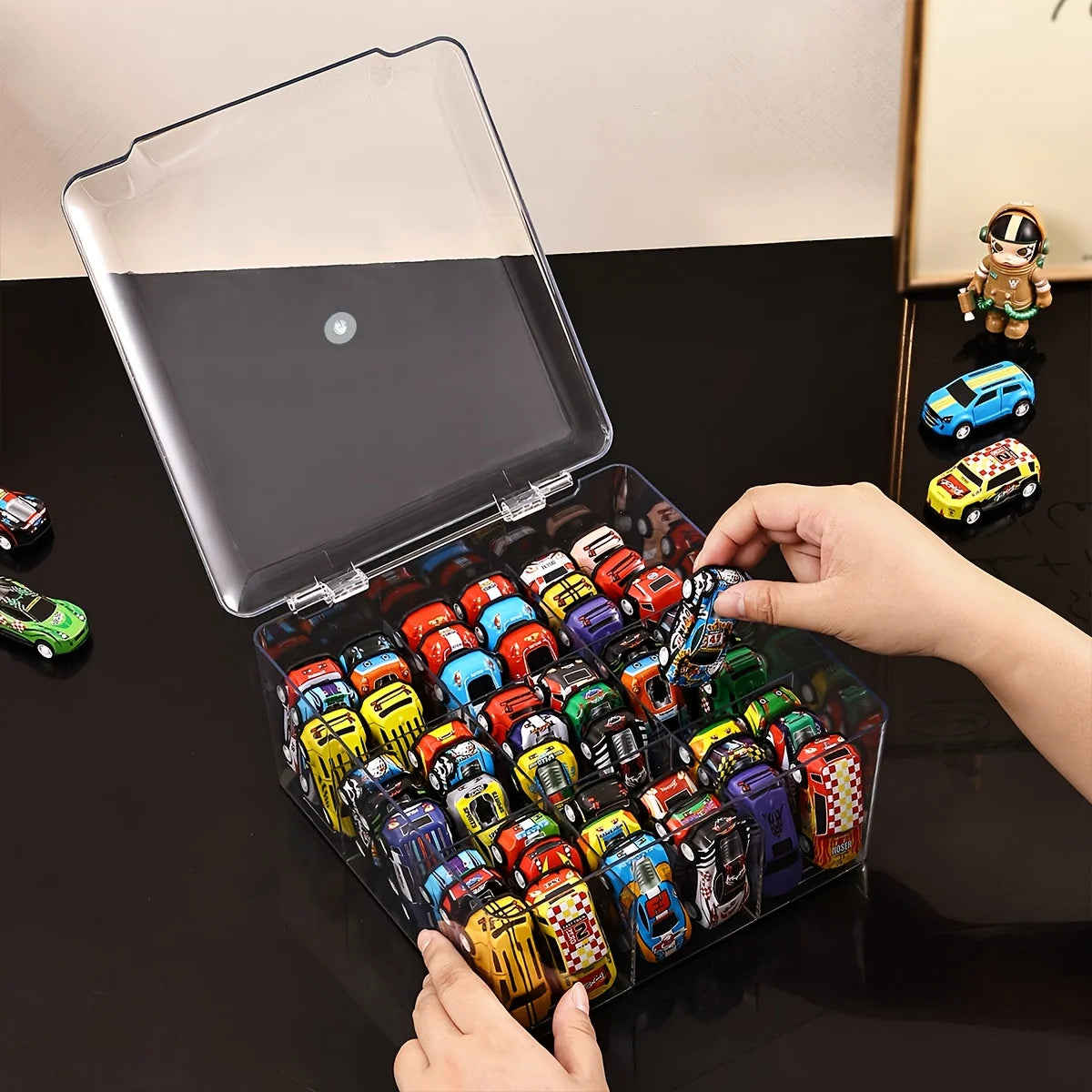 1pc Transparent/Semi Transparent Black Flip Cover Toy Car Model Storage Box, Large Capacity Suitable for Hot Wheels Display Box Oasis Select