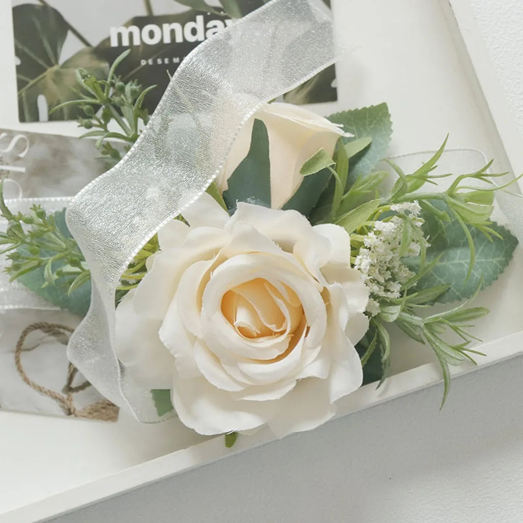 Wedding Artifical Flowers Silk Rose Boutonniere Ribbion Wrist Corsage Botonier Para Novio Boda Oasis Select Ivory-1-Wrist Flower