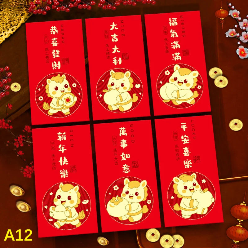 6Pcs/set Chinese New Year Money Envelope Horse Year Red Envelope Red Pocket Spring Festival Envelope Oasis Select A12