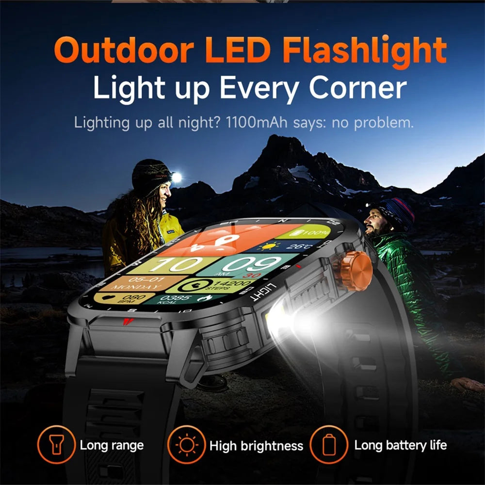 1100mAh Battery Outdoors LED Flashlight Smart Watch Men Compass BT Call Smartwatch Women Message Push Waterproof Health Monitor Oasis Select