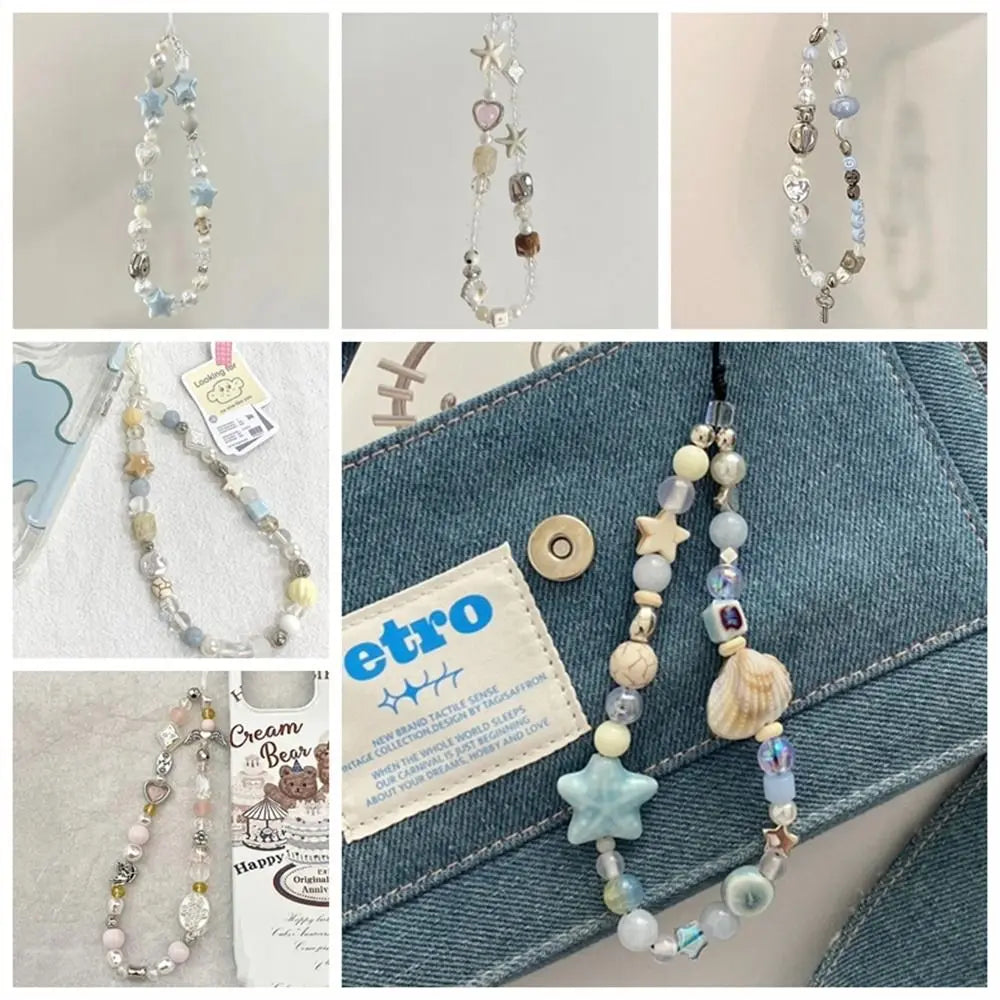Star Pearl Beaded Phone Chain Phone Charms Hanging Cord Phone Strap Anti-Lost Wrist Strap Mobile Lanyard Phone Pendant Oasis Select