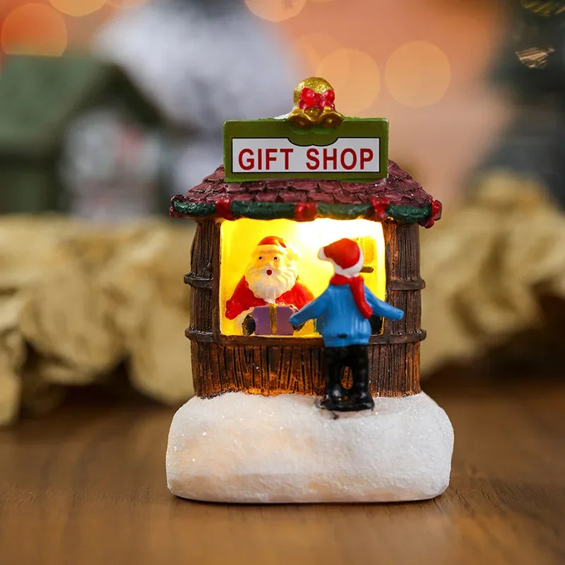 Christmas Snowman Luminous Decoration Resin Santa Claus Shop Micro Landscape Ornaments Christmas LED House Pine Needles Snow Oasis Select B