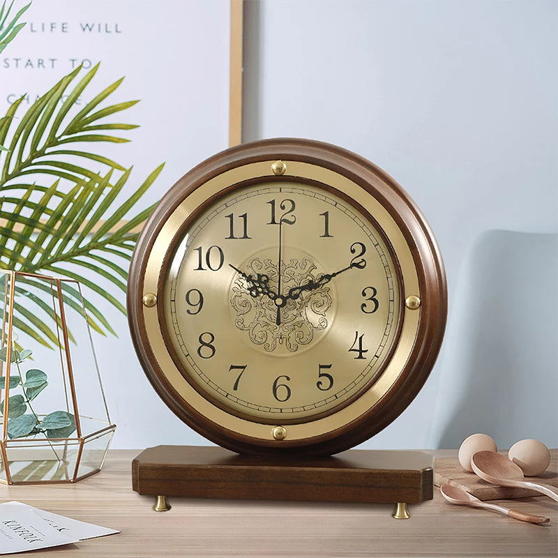 European Style Clock Living Room Household Desktop Silent Clock Brass Decorative Table Wooden Minimalist Counter Oasis Select