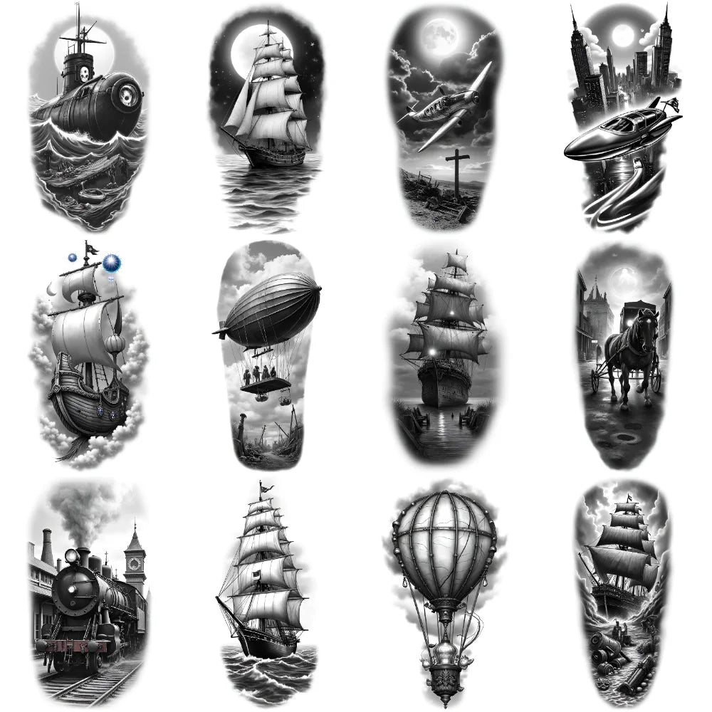 12pcs Waterproof Temporary Tattoo Stickers – Sailboat & Cityscape