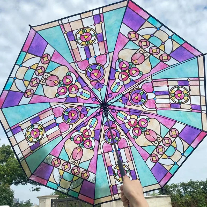 Church Retro Transparent Large Umbrella Stained Glass Transparent Umbrella Automatic Romantic Sunny Dual Use Of Rain And Light Oasis Select