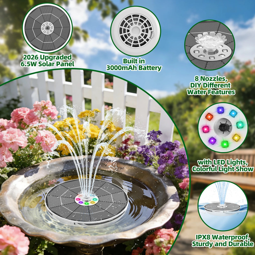 6.5W Solar Water Fountain with LED Colorful Lights & 3000mAh Battery, DIY Solar Bird Bath Fountain Pump, For Bird Bath Garden Oasis Select