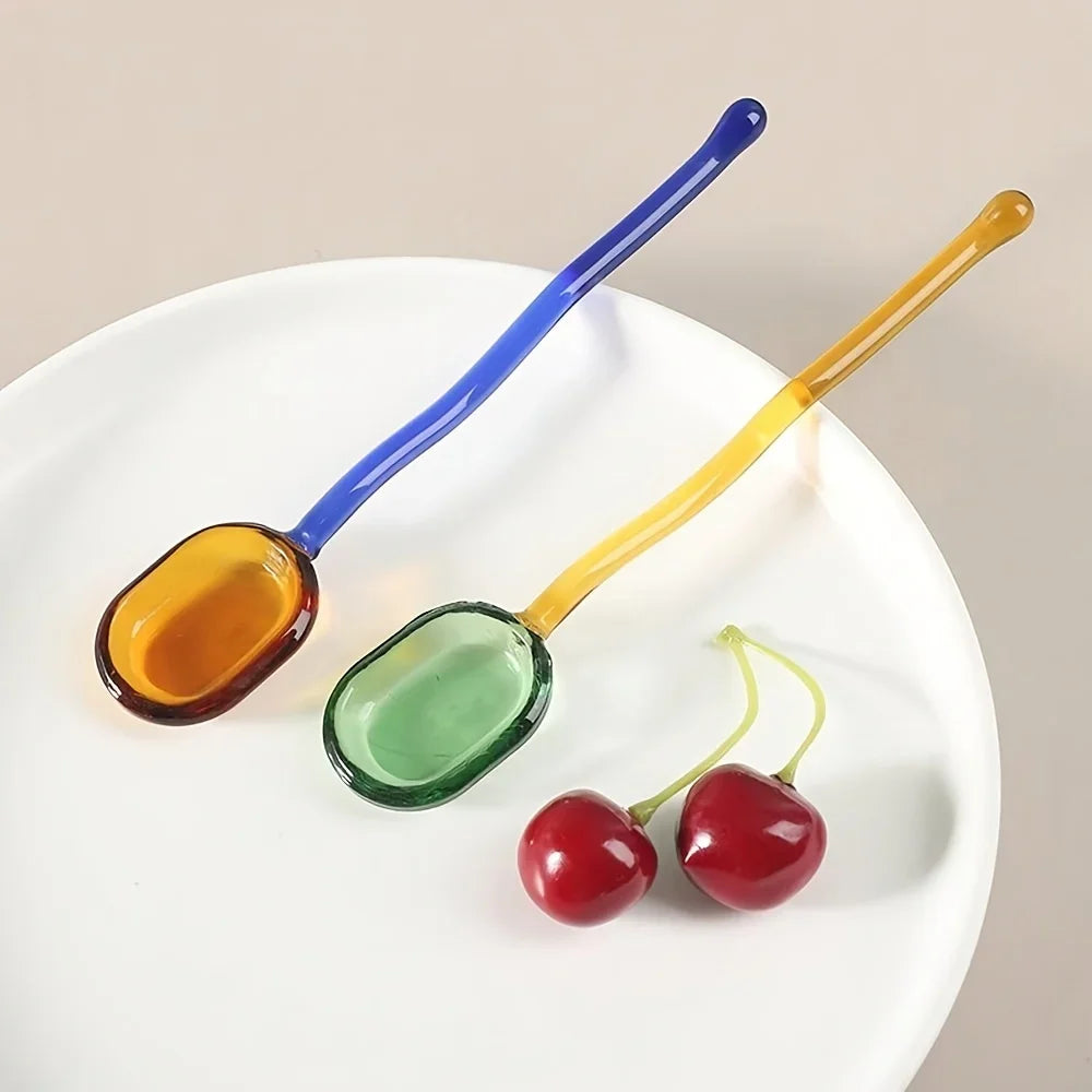 Colorful Wave Glass Spoon Set Milk Dessert Spoon Glass Long Handled Dessert Coffee Stirring Spoon Home Kitchen Tableware Decor Oasis Select