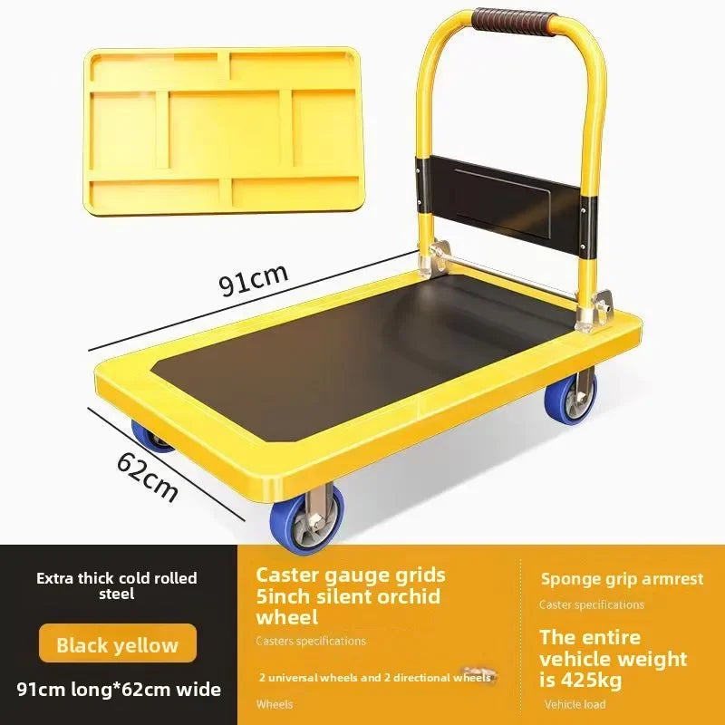 Multi-functional Color steel plate trolley Pull goods trolley Pallet flatcar Portable folding silent Oasis Select Yellow E