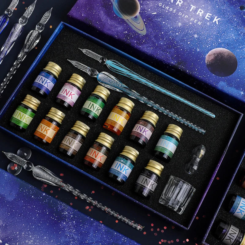 Free Starry Sky Glass Pen Set Signature Pen Crystal Student Dip Pen Glass Dip Pen Gift Pen Set of 16 Oasis Select