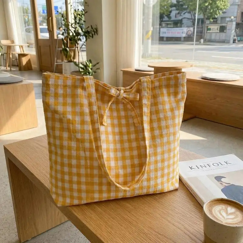 Women's Plaid Nylon Tote Bag – Lightweight Large Capacity Shoulder