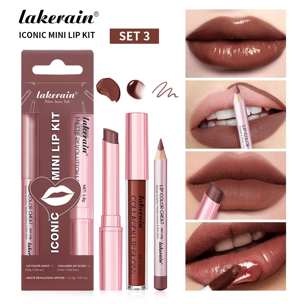 3pcs Lip Makeup Set Lip Liner Lip Gloss Lipstick Mirror Effect Beep Lips High Color Long-lasting Hydrates Travel Mini Set Oasis Select set 3