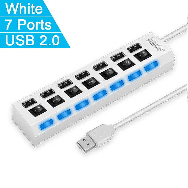 High Speed 4/7 Ports USB HUB 2.0 Adapter Expander Multi USB Splitter Multiple Extender with LED Lamp Switch for PC Laptop Oasis Select 7 Ports White