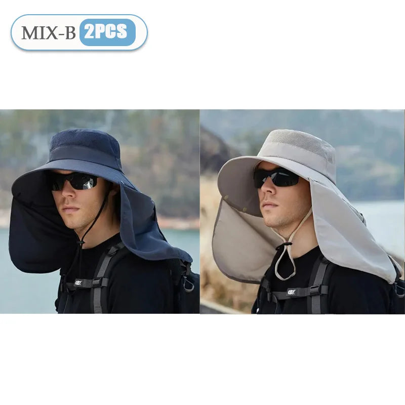 Fishing Hat for Men Summer Outdoor Sun Protection Cap with Neck Flap Wide Brim Fisherman Hat for Hiking Camping Beach Oasis Select MIX-B-2PCS