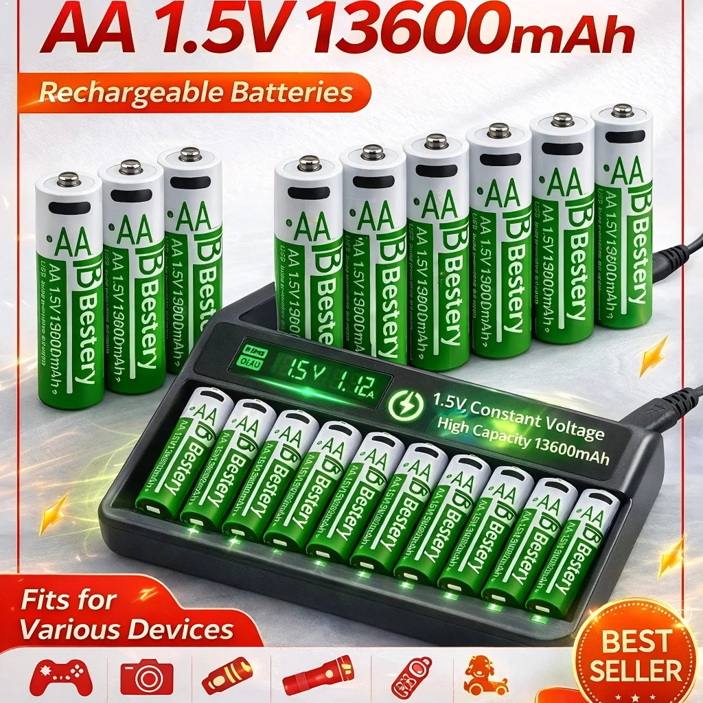 Bestely 1.5V 13600mAh USB AA Li-ion Rechargeable Battery, Fast Charging , 2000 Cycle for Xbox Controller Toys Camera Flash Oasis Select