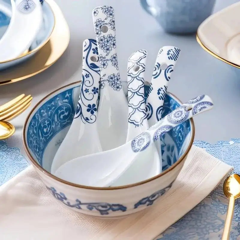 Japanese-style Blue And White Porcelain Small Soup Spoon Ceramic Rice Spoon Household Soup Spoon Kitchen Spoon Kitchen Tablewear Oasis Select