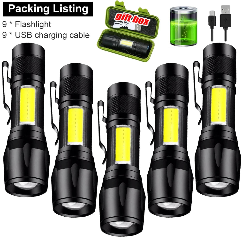 Mini Rechargeable LED Flashlight COB+XPE Portable Torch Camping Lantern Zoomable Focus Light Tactical Flashlight with Pen Clip Oasis Select