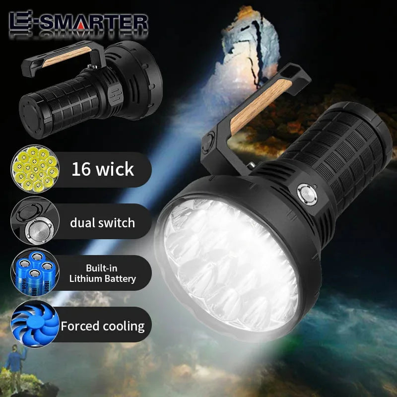 16xP50 Wick Ultra Strong Light Handheld Light Flashlight - Intelligent Fan Forced Heat Dissipation-4x18650 Power Supply Oasis Select