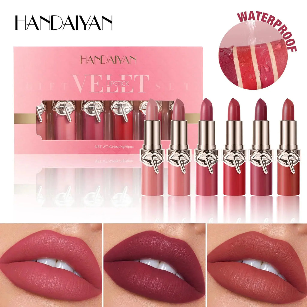 HANDAIYAN Velvet Matte Lipstick Set – 6pc Waterproof High Pigment