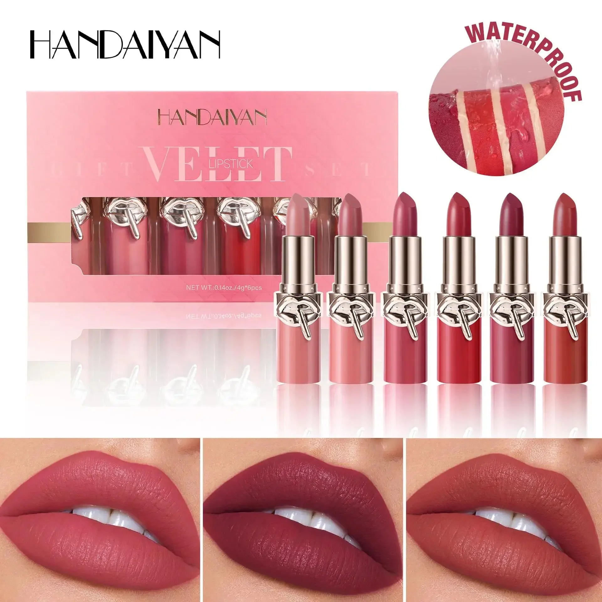 HANDAIYAN Velvet Matte Lipstick Set – 6pc Waterproof High Pigment