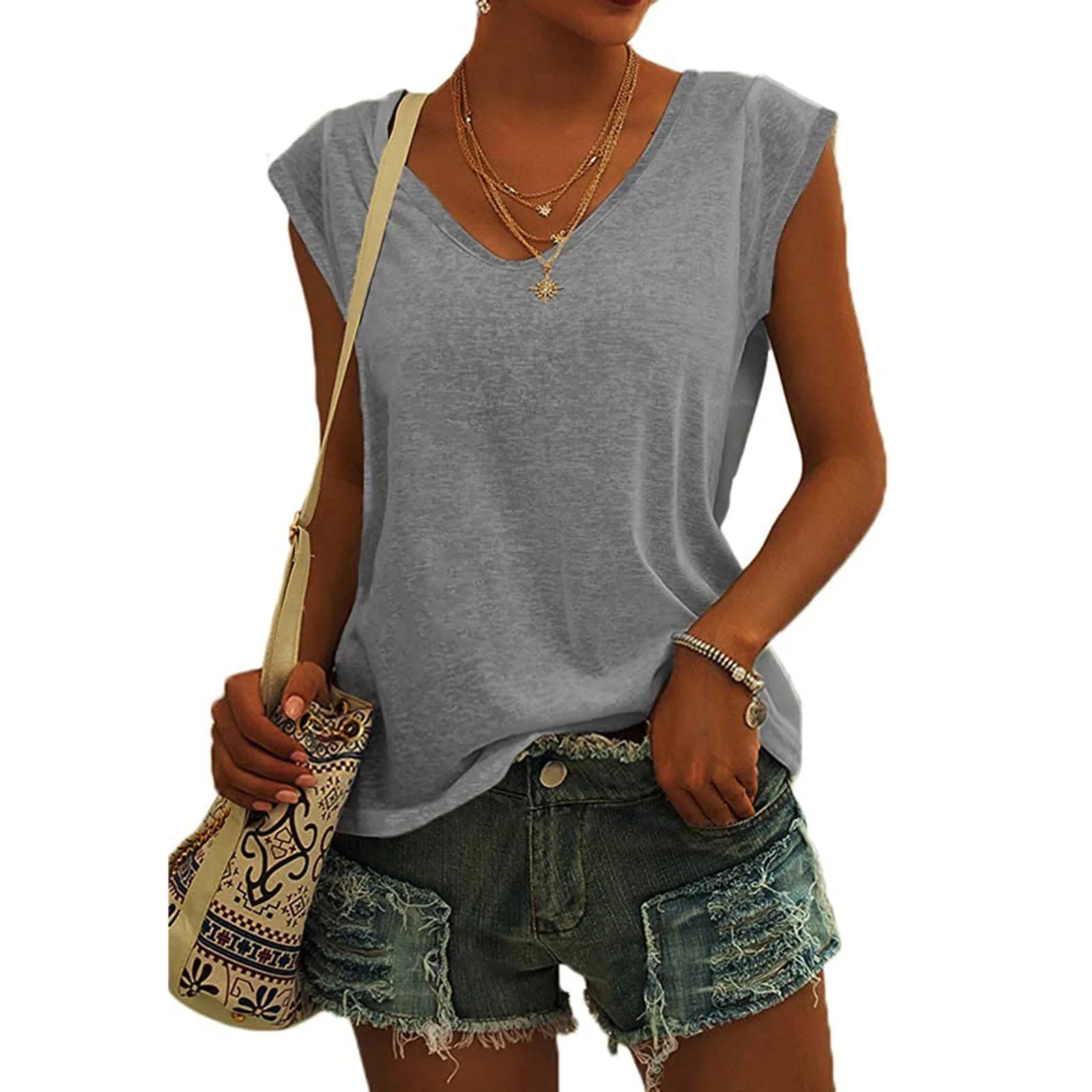 Summer Camisole Women'S V-Neck Vest Colored Cotton Solid Color T-Shirt Casual Sleeveless Vest Loose Top Fitted Vest Women'S Clot Oasis Select Gray M