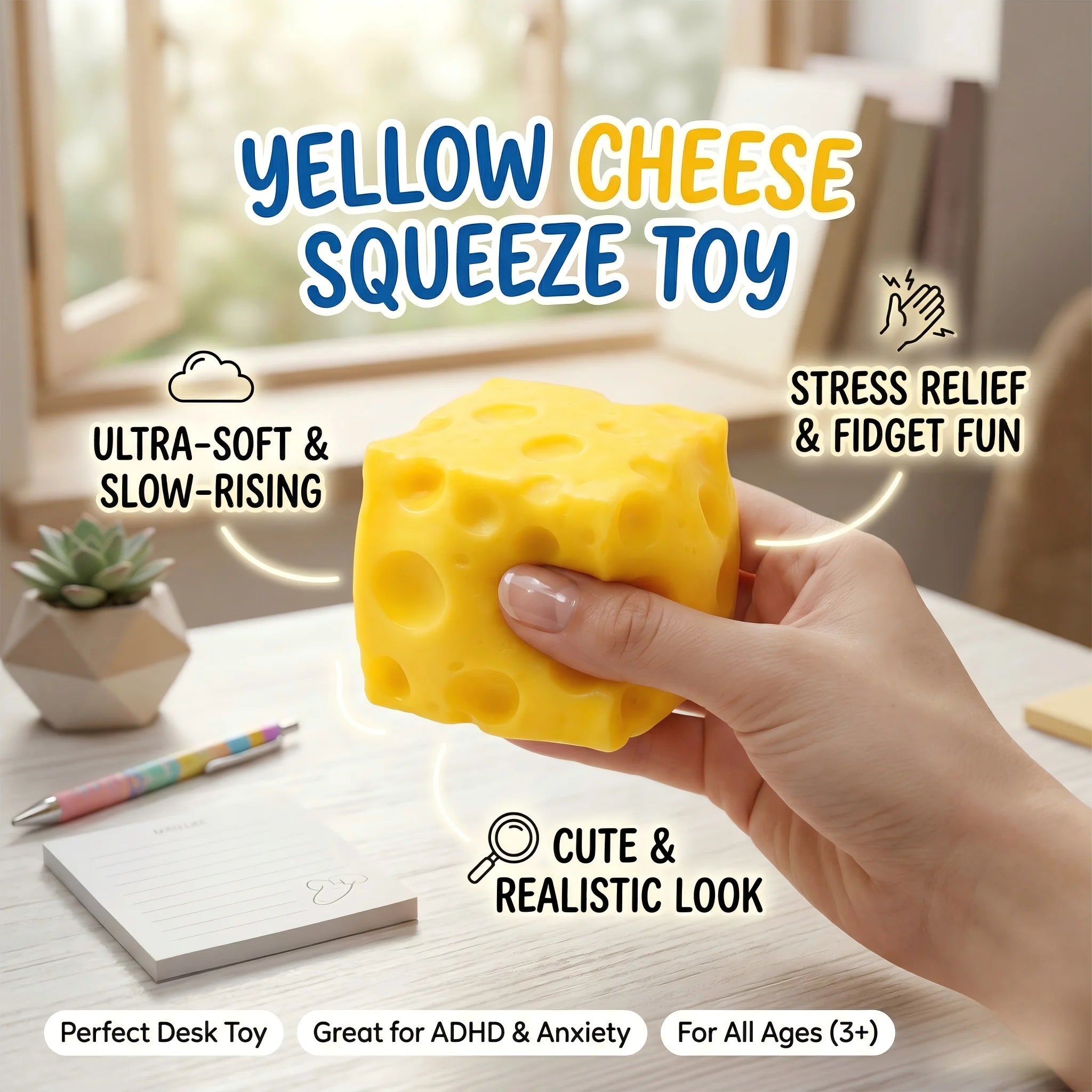 Yellow Cheese Squeeze Toy Relieve Stress Soft Rubber Shapeable Squeeze Anxiety Relief Relaxation Fun Cheese Shape Toy Gifts Oasis Select
