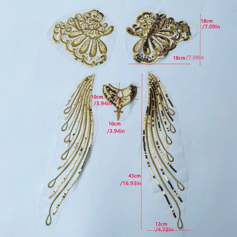 Gold & Silver Sequin Embroidered Wing Patch Set | Organza Trim