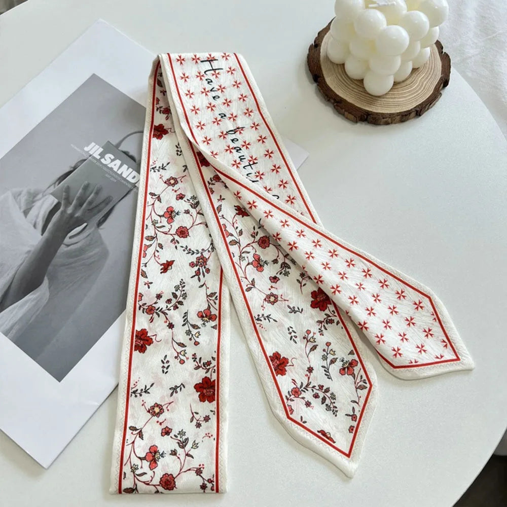 Summer Versatile Satin Silk Ribbon Scarf Fresh Floral Long Thin Bag Strap Narrow Fashion Accessory for Women Oasis Select 05
