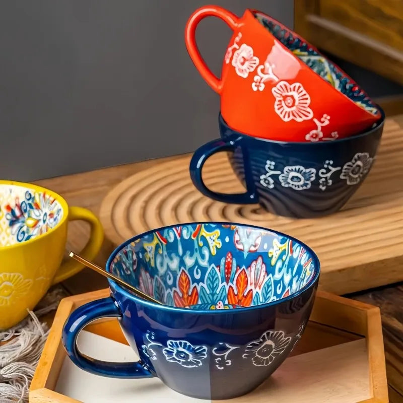 1pcs Vintage Bohemian Ceramic Mug Multi-purpose Daily Drinking Vessel Nice Present for Friends Family Work Partners Oasis Select