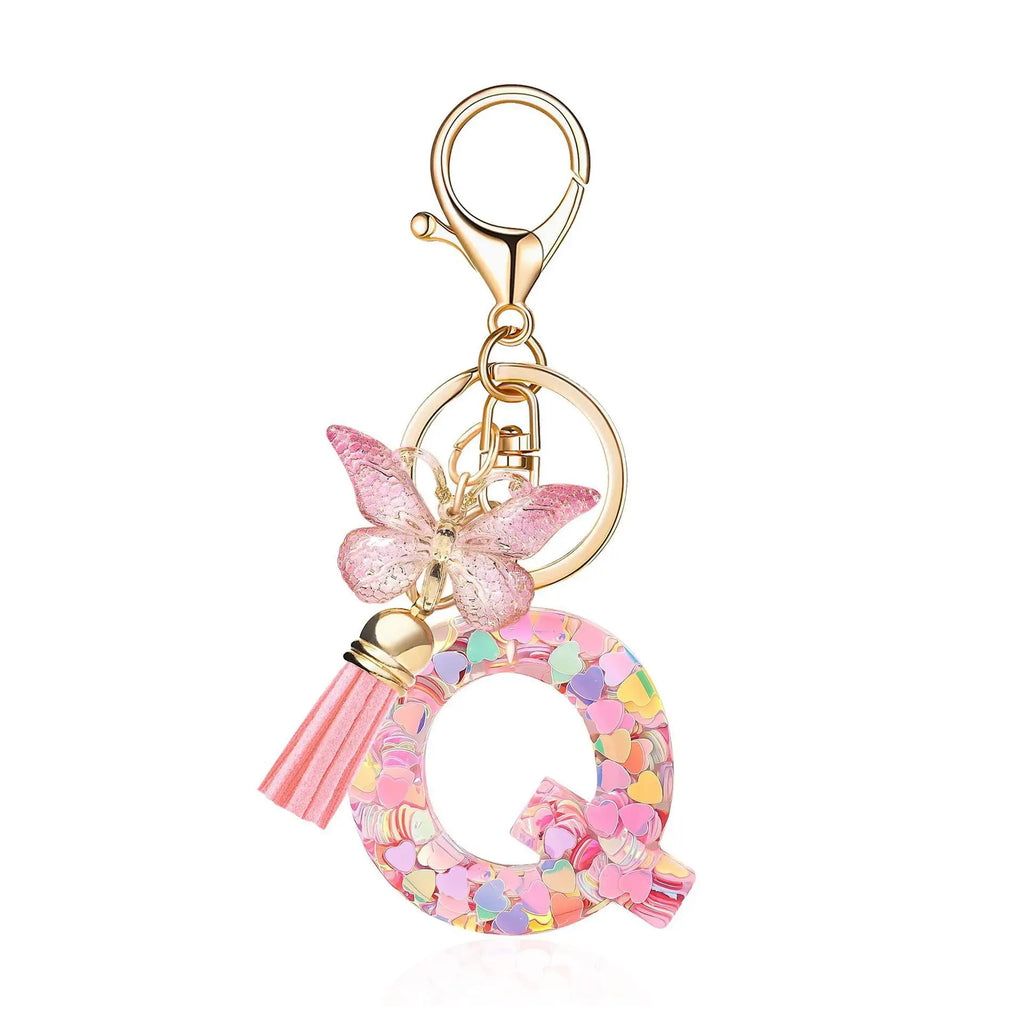 1pc Pink Glitter Letter Keychain with Heart Butterfly Tassel Crystal Resin Charm Fashion Accessory Gift for Women & Girls Oasis Select Q