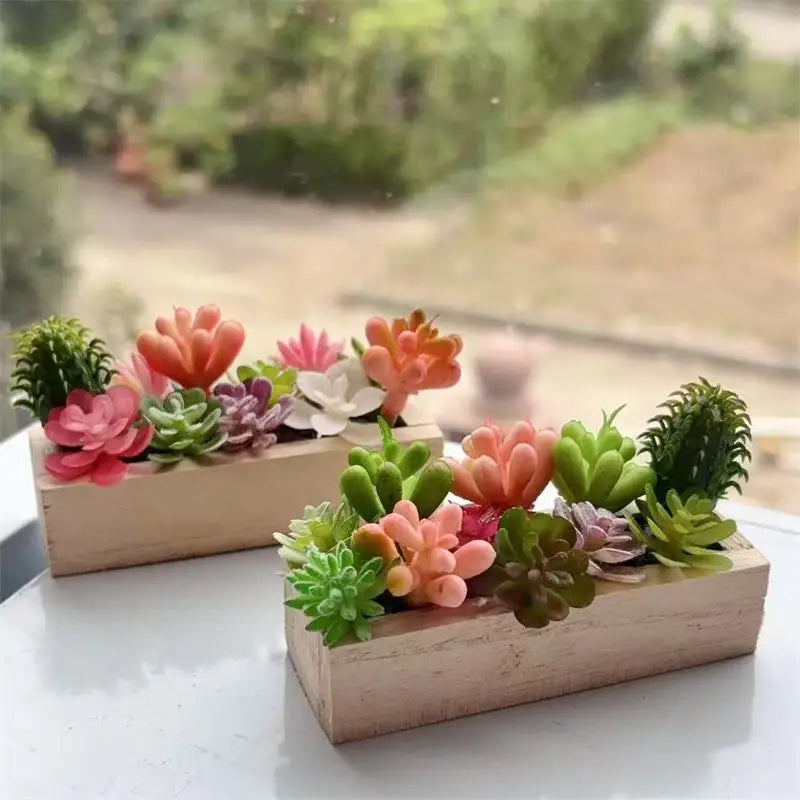Random One Dollhouse Miniature Succulent Wooden Trough Green Plant Pot Model Micro Landscape Decor Ornaments Pretend Play Toys Oasis Select