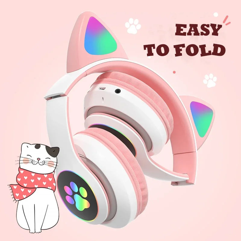 Flash Lamp Cute Cat Ears Headphone Bluetooth5.0 Stereo With Mic Support TF Card Wireless Kids Girl Earphone Birthday Gift Oasis Select