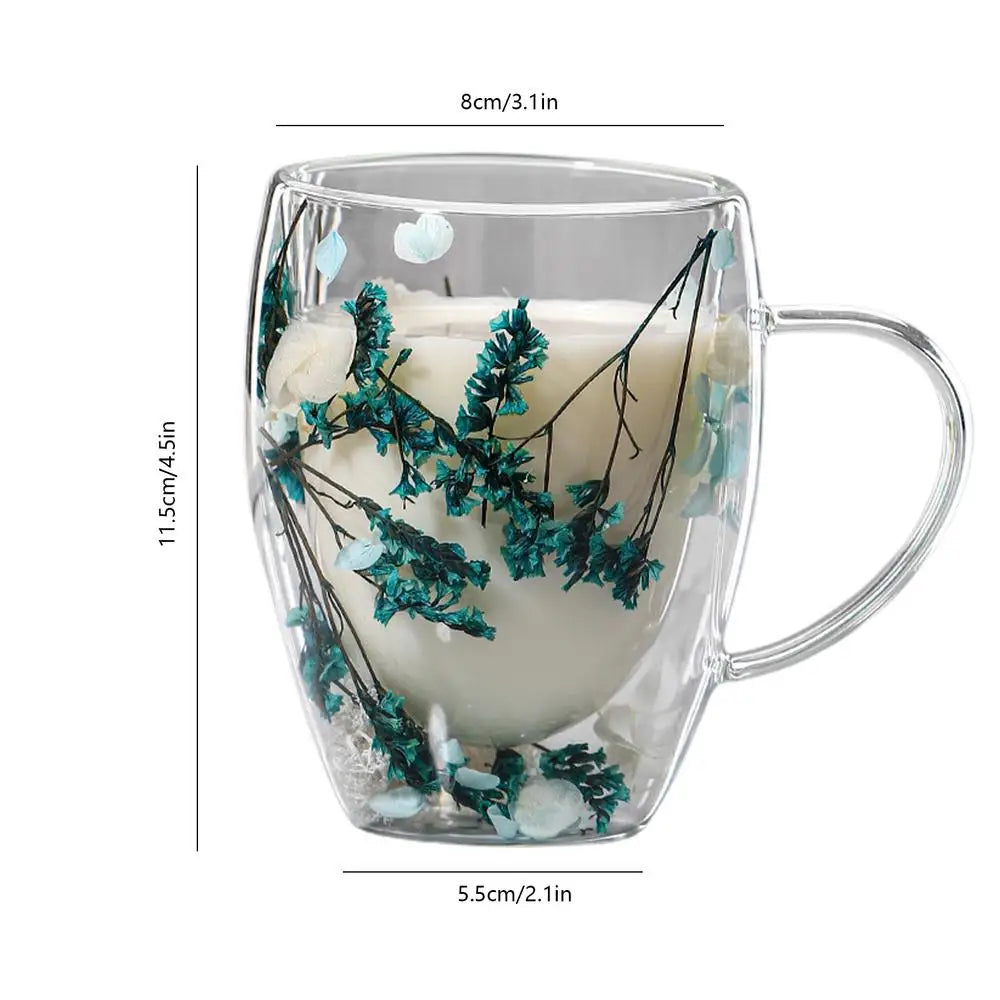 Double Wall Glass Cup Dried Flowers Glass Cup 350ml Anti-Scalding Mug Coffee Mug for Milk Chocolate Tea Juice Hot Cold Beverages Oasis Select Blue 301-400ml
