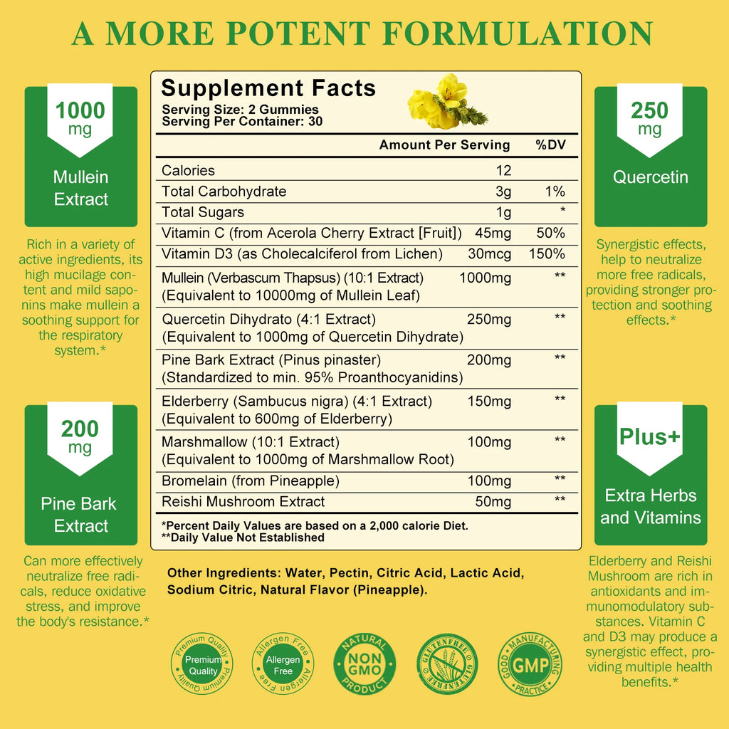 Lukaree 2Bottles 1000mg Mullein Gummies Lung Cleanse Support Respiratory Health Support Immune Health and Antioxidant Oasis Select