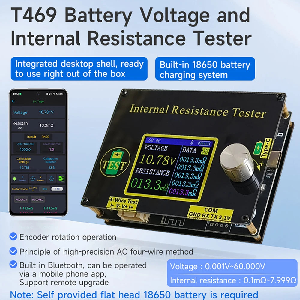 T469 Lithium Battery Voltage Internal Resistance tester High-precision DC 5V Bluetooth App AC 4-Wire Method for 18650 battery Oasis Select