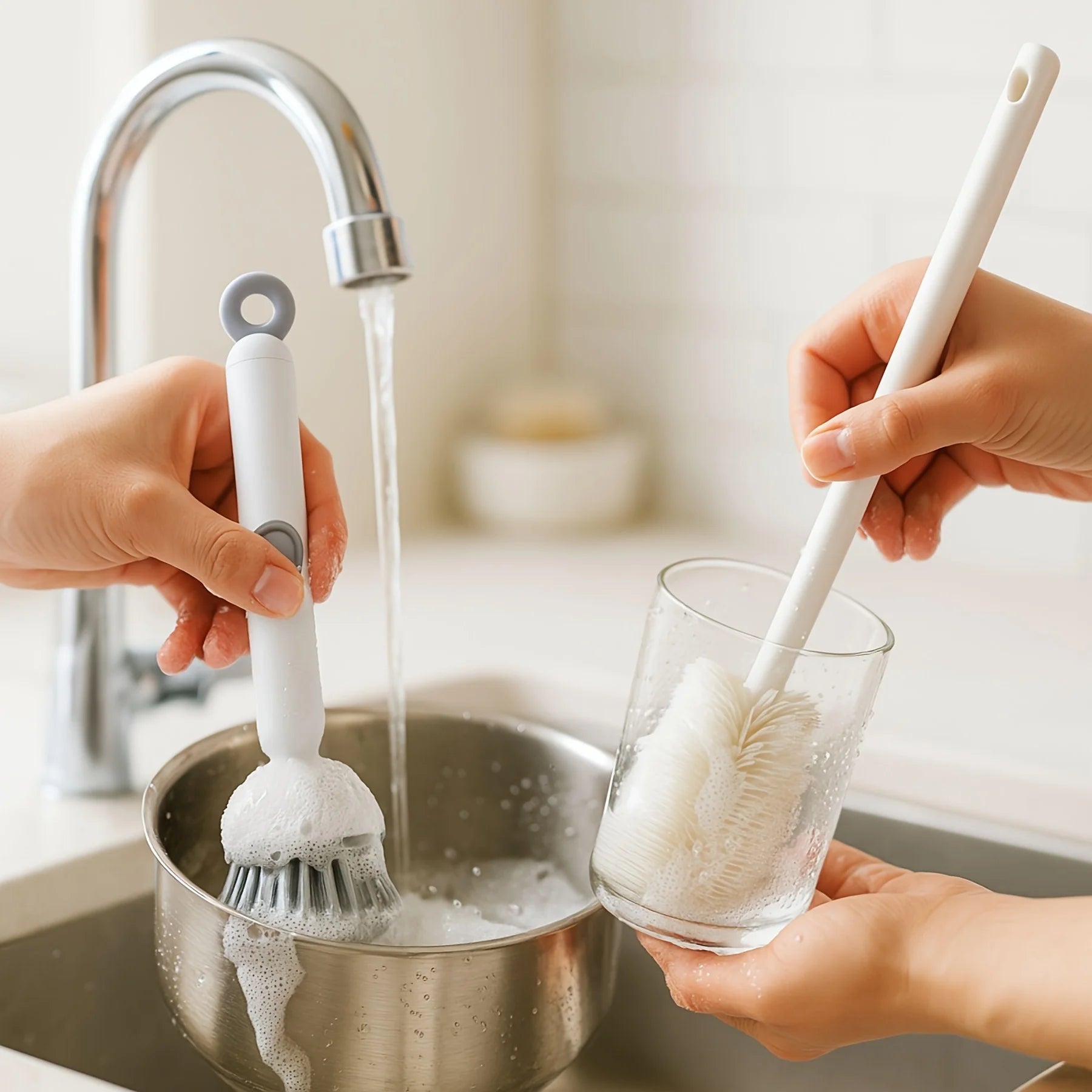 2pcs Heavy-Duty Dish Cleaning Brush Set with Detergent Dispenser - Rotating Scrubber & 2 Long Reach 90° Cup Brushe Oasis Select
