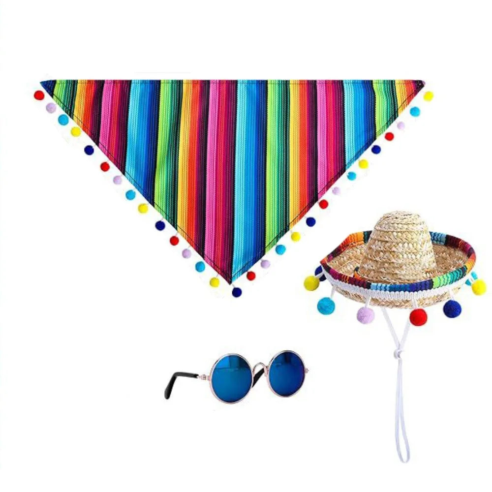 Mexican Pet Hat Scarf & Glasses Costume Set for Small Dogs Pet Costume Set Oasis Select 3 Pcs