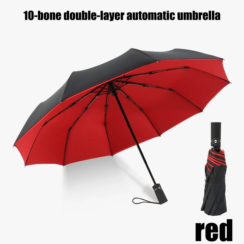 Fully automatic solid-color double-layered thickened windproof folding umbrella with 10 ribs provides sun and rain protection. Oasis Select red 10K