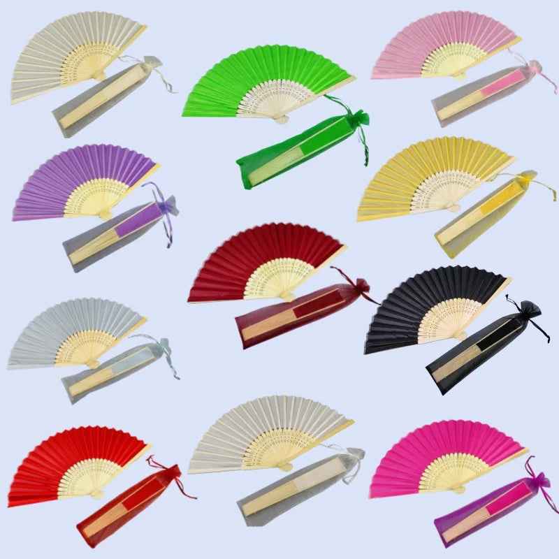Hand Folding Fan with Organza Bag Bridal Shower Kids Christestening Favors Wholesale Bamboo Fabric Handheld Fans Oasis Select