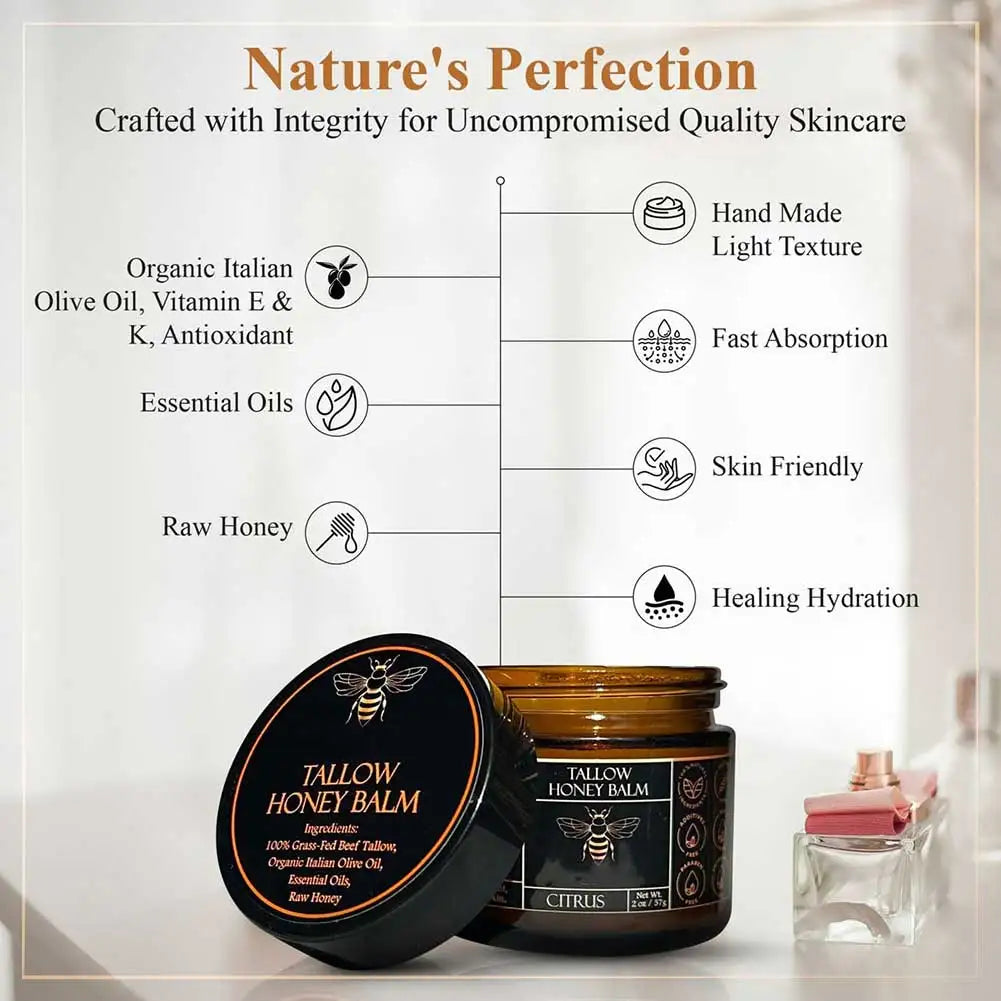 Organic Grass Fed Beef Tallow Balm With Raw Honey Moisturizing Cream For Soft Smooth Skin Handmade All-Natural Moisturizer Skin Oasis Select