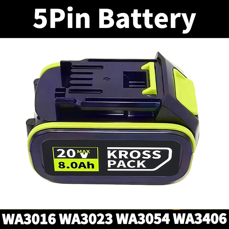 WORX 20V High-Capacity Li-Ion Rechargeable Battery 6.0Ah/8.0Ah Compatible with WA3551 WA3551.1 WA3553 WA3641 WX373 WX390 Tools Oasis Select A-5Pin-8.0Ah (1pcs)