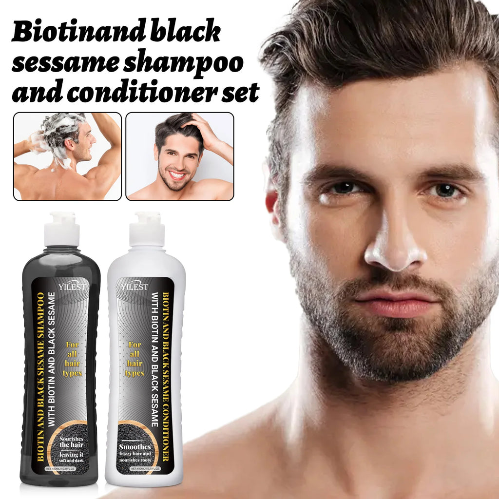 Biotin & Black Sesame Shampoo Conditioner Set Hair Repair Treatment Nourishing & Strengthening 450ml x 2 for All Hair Types Oasis Select