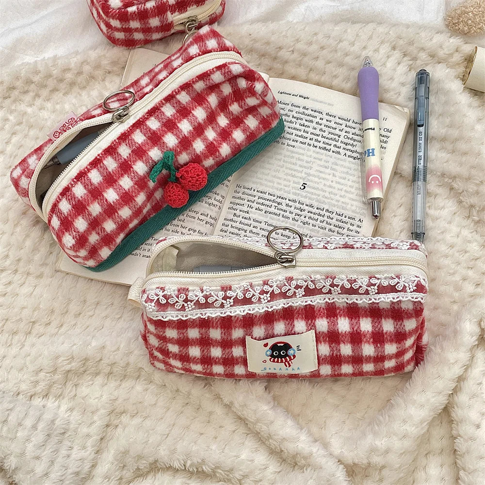 Knitted Plaid Student Stationery Pencil Case Multifunctional Storage Cosmetic Bag Portable Stationery Box Oasis Select