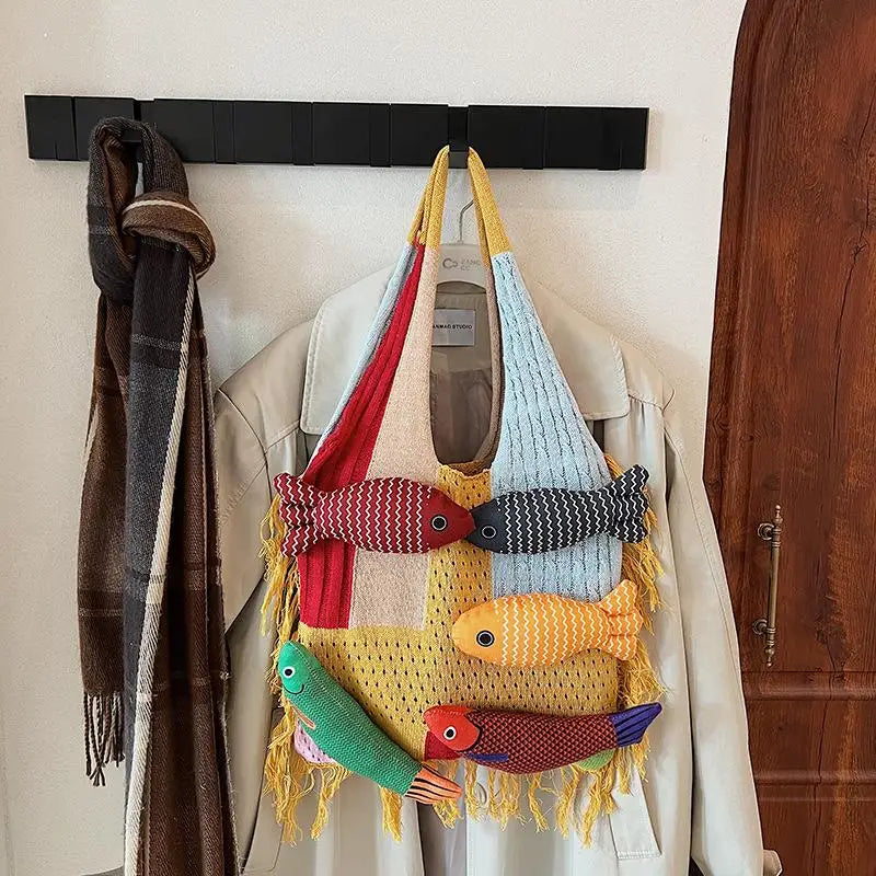 Cute Fish Relaxed Tassel Knitted Bag Splicing Shoulder Bag Little Fish Tote Bag Versatile Casual Commuter Handbag For Girls Gift Oasis Select